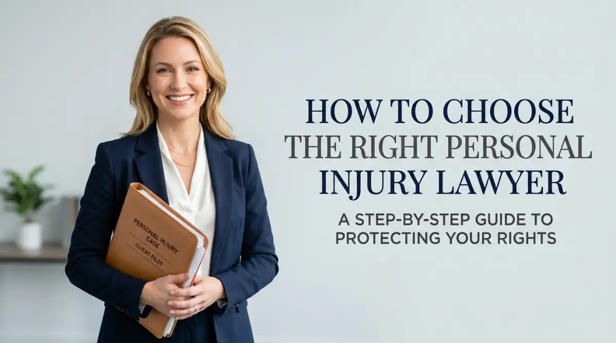 A professional legal consultant with a round face smiling in a bright office, helping readers understand how to choose the right personal injury lawyer for their case.