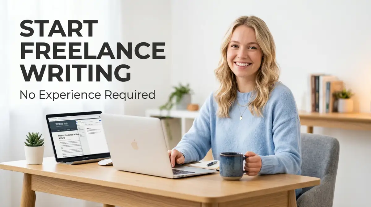 A smiling young woman with a round face sitting at a clean desk with a laptop, showing how to start freelance writing with no experience.