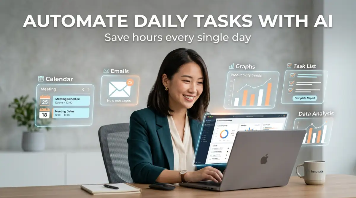 A professional Asian female worker with a fair, round face smiling at her laptop screen, showing how to use AI to automate repetitive tasks at work.