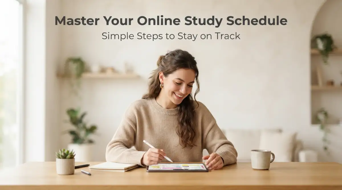 A young female college student with a round face smiling while planning her weekly study routine on a digital tablet in a bright room.
