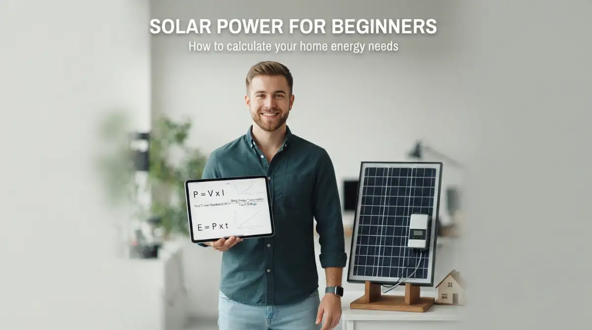 A young male model pointing to a digital tablet with calculations on how to calculate home solar panel requirements for beginners. Image 2 (Body Image 1):