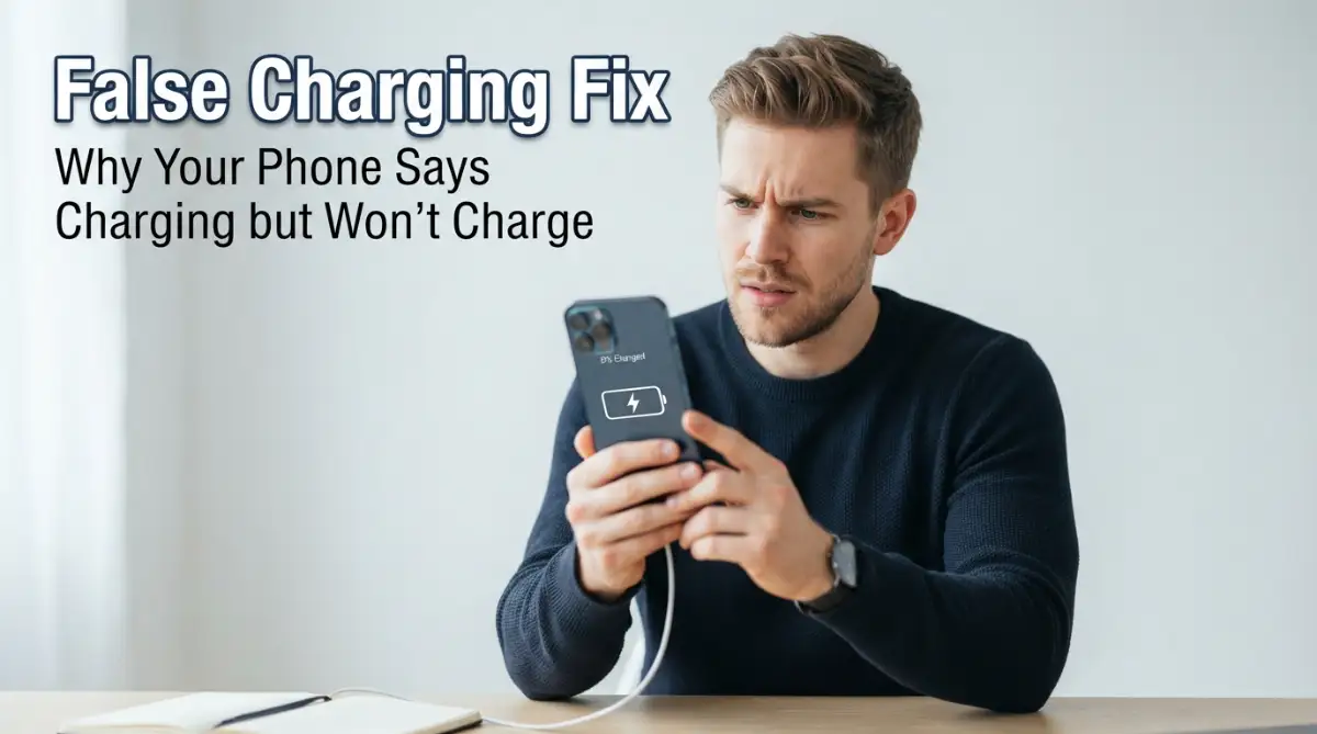 A close-up of a smartphone displaying a charging symbol while the battery level remains at zero percent, illustrating the false charging problem.