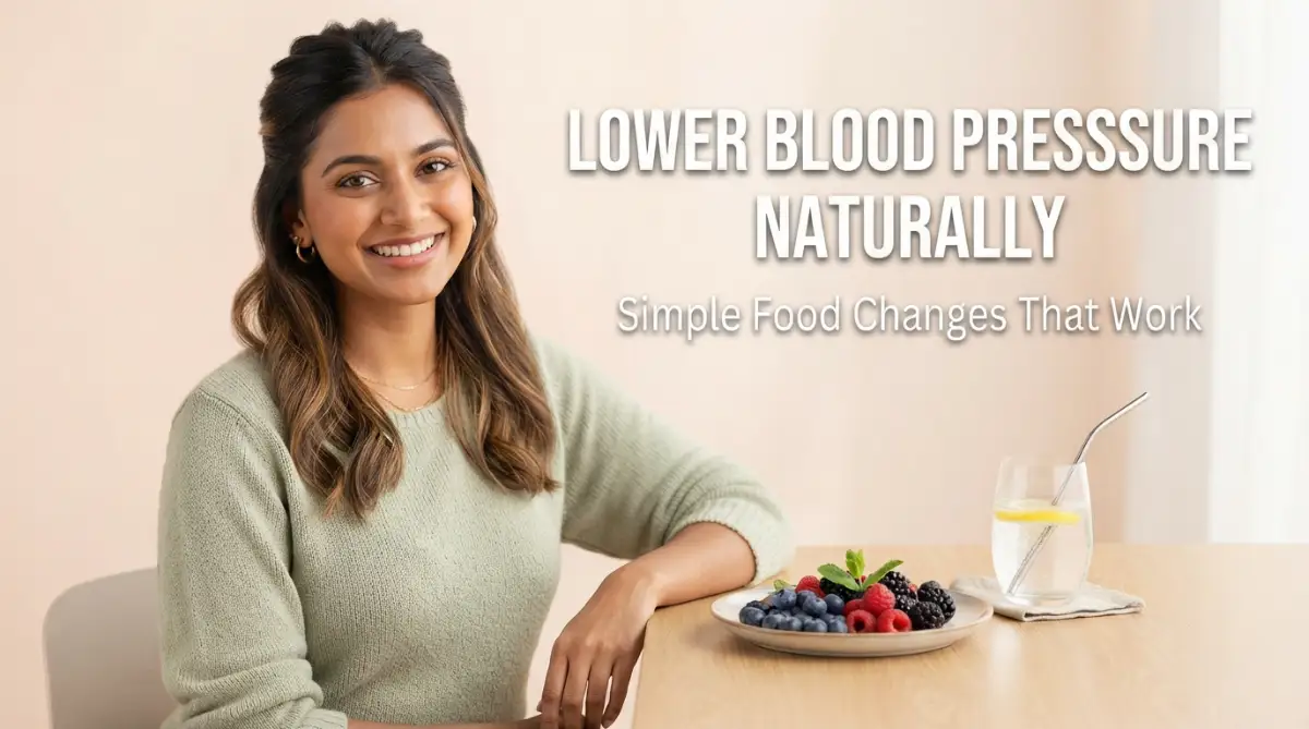 A warm and inviting photo of a young woman smiling next to a fresh meal, showing how to manage high blood pressure naturally through daily diet changes.