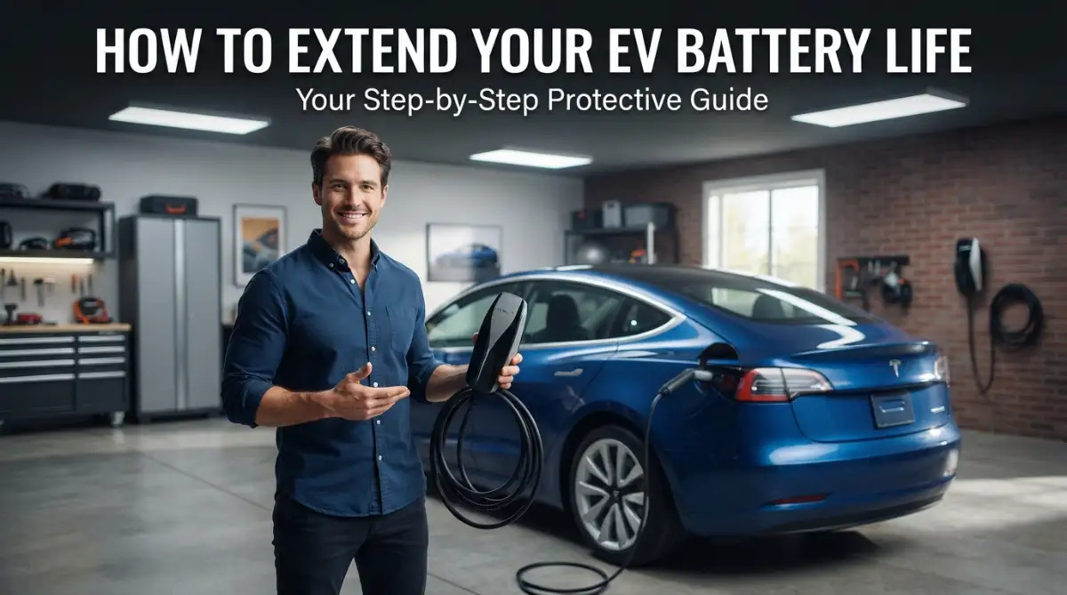 A handsome fair-skinned male model smiling next to an electric vehicle charging station, showing how to extend the battery life of an electric vehicle.