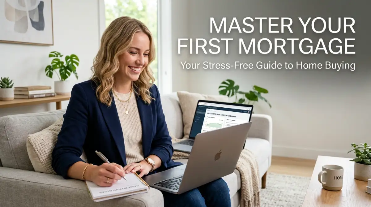 A smiling young woman sitting in her living room, successfully navigating her first-time home buyer mortgage options on her laptop with complete confidence.