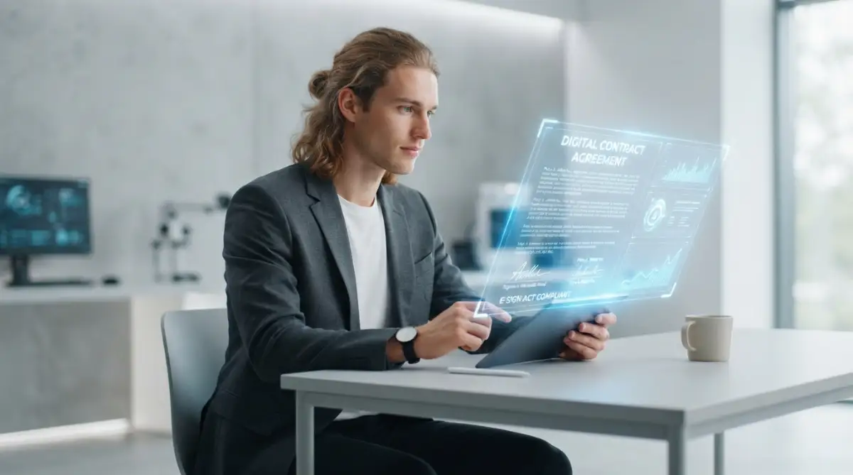 A thoughtful professional man looking at a secure digital contract on her screen, showing the importance of understanding smart contracts before allocating funds.