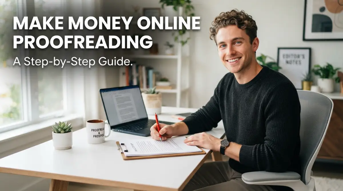 A young man smiling while correcting a document at his desk, representing how to earn money through online proofreading from the comfort of your home