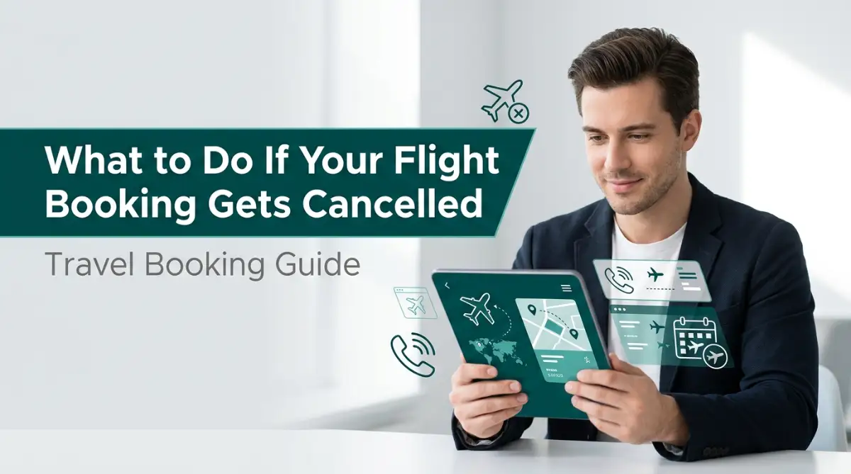 An informative travel guide banner explaining what to do when your flight booking gets cancelled by an airline.