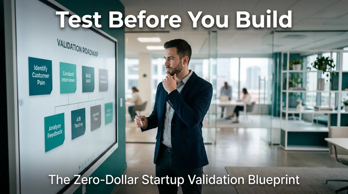 A modern blueprint showing steps to validate startup idea no money.