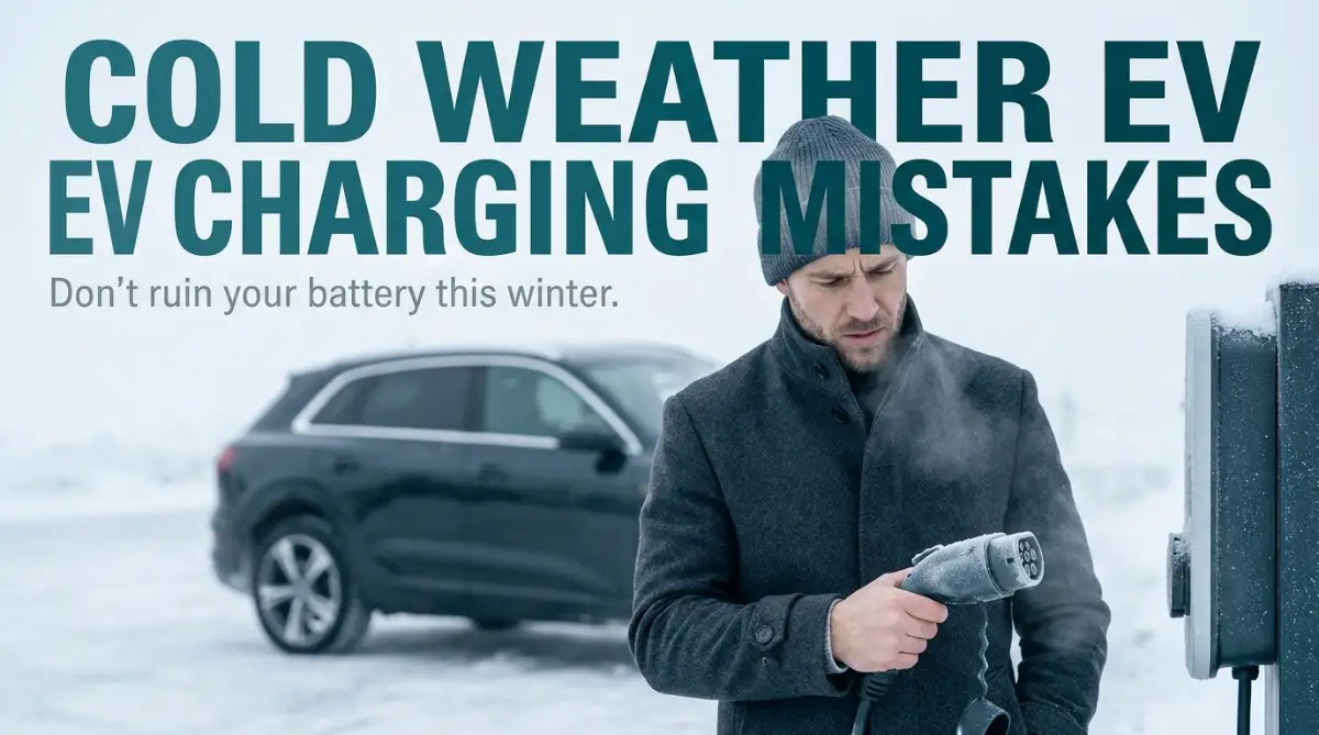 A frustrated driver holding a cold EV charging cable, representing charging mistakes to avoid during freezing winter days.