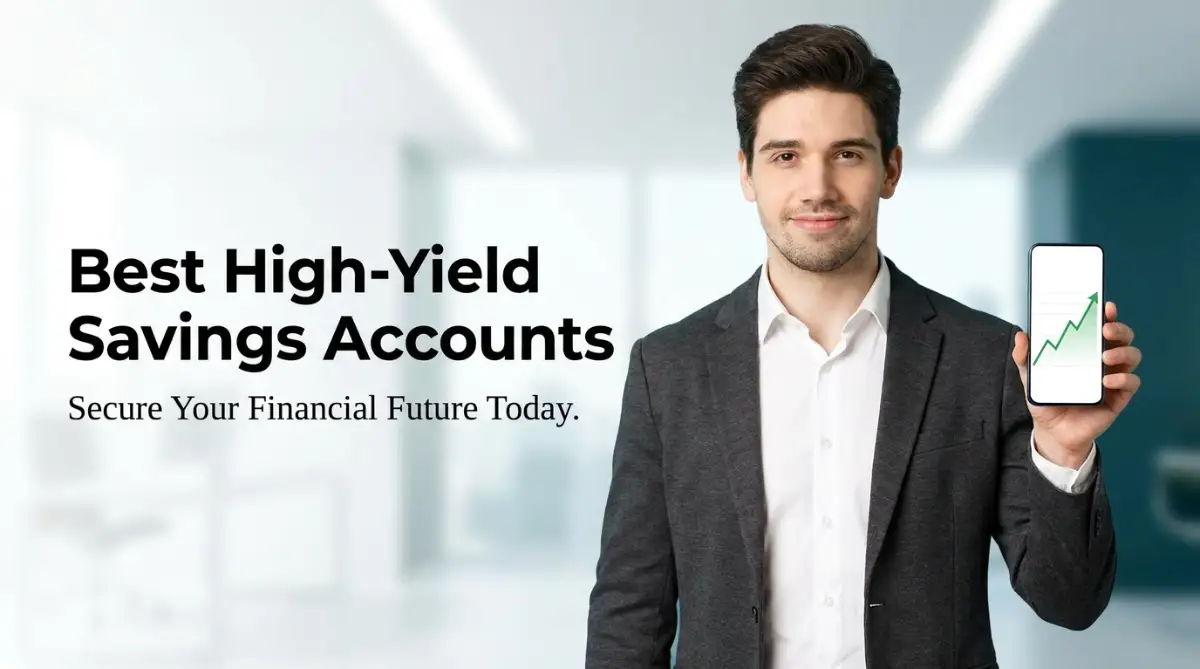 A smart young man holding a smartphone showing financial growth, representing the best high-yield savings accounts and modern banking solutions.