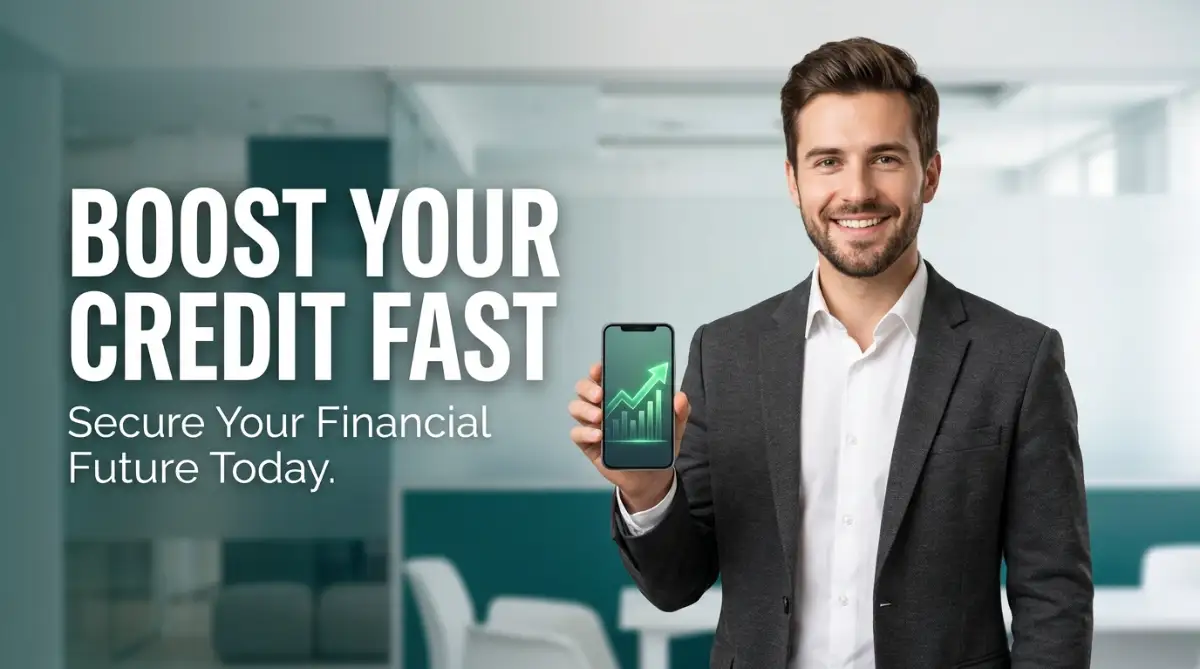 A smart young man holding a smartphone showing financial growth, representing the best simple steps to improve your credit score in six months.