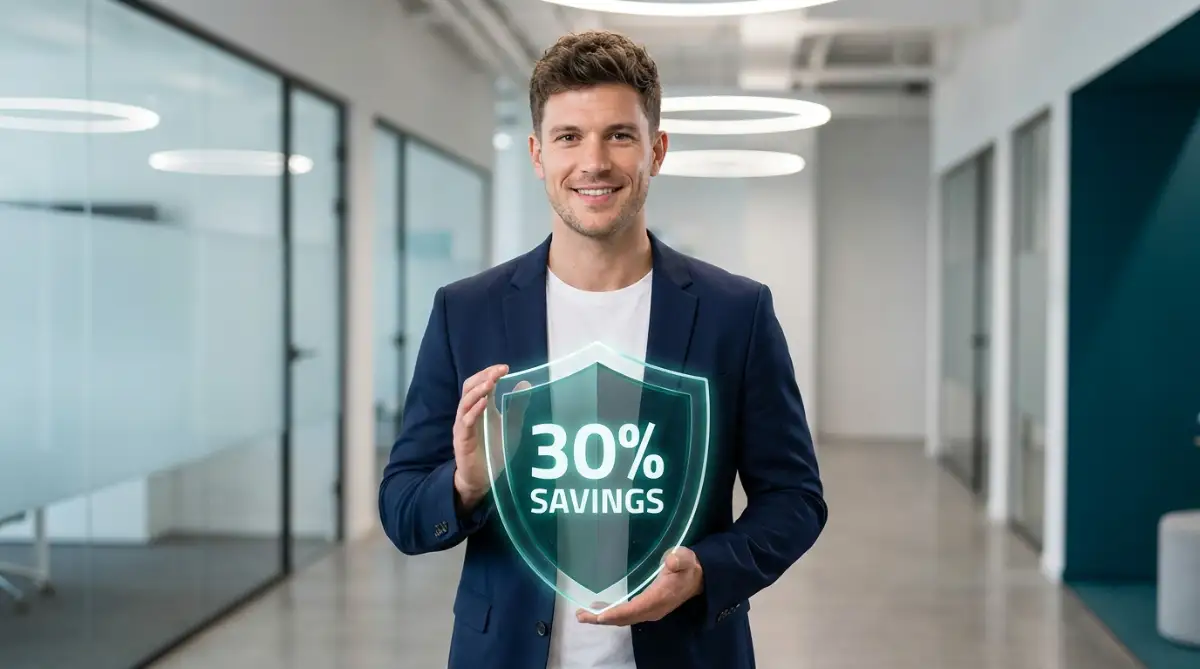 A smart young man holding a glowing shield with a discount symbol, representing how to lower your auto insurance premium without reducing essential coverage.