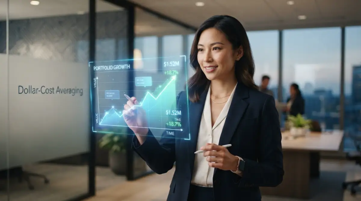 A smart young woman looking calmly at a steady growth chart, illustrating how dollar-cost averaging into volatile digital assets reduces stress and builds wealth.