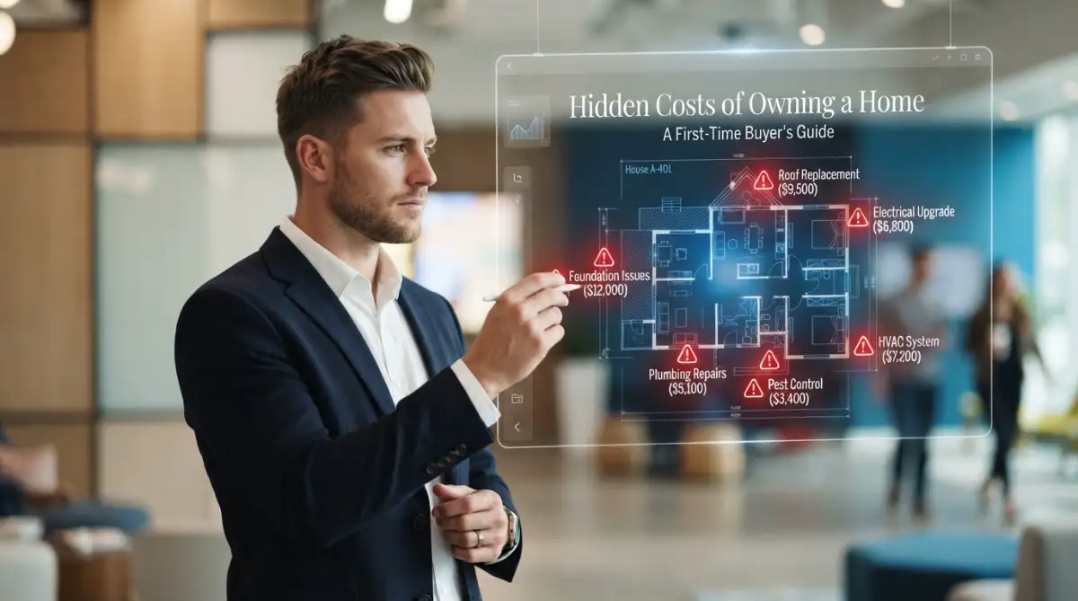 A young man analyzes a digital blueprint highlighting the hidden costs of owning a home, a common challenge for many first-time buyers.