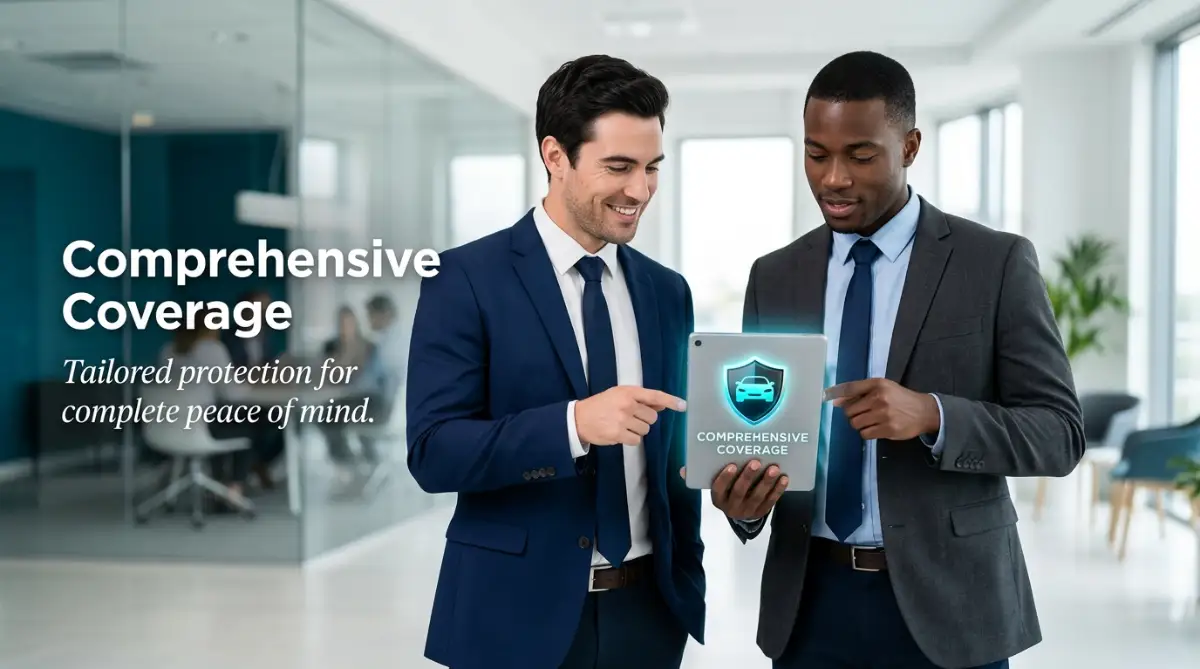 A confident young man showing a digital tablet with a car shield icon representing comprehensive auto insurance coverage during unexpected emergencies.