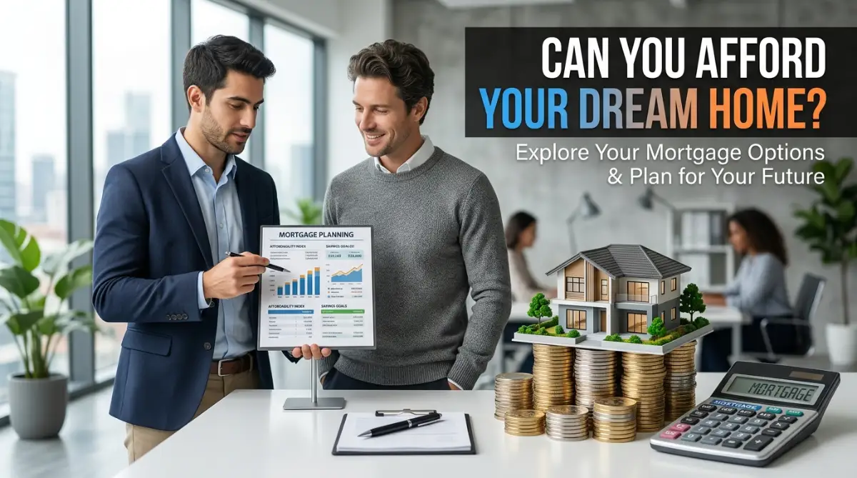 Two smart young men analyzing a financial chart next to a calculator and a miniature house to determine home affordability.
