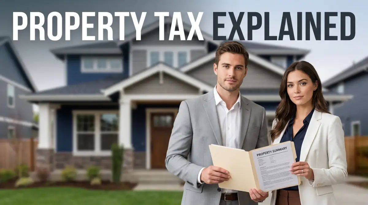 Two smart young men looking at a tablet explaining tokenomics property tax for first-time homeowners with a clean studio background.