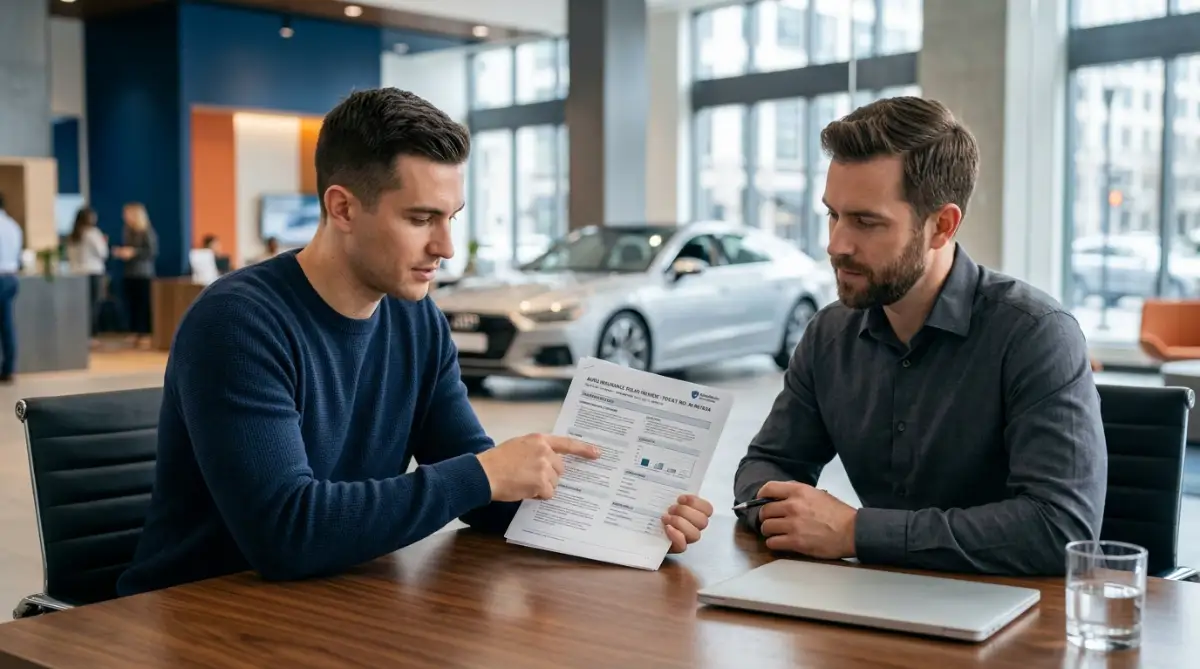 Two young men in a modern setting carefully reviewing a car insurance policy document to understand their exact coverage limits and benefits.