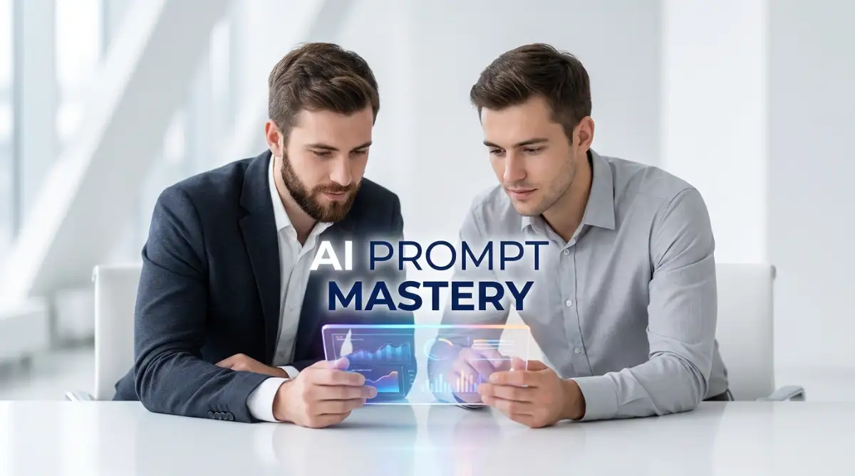 Two smart male models analyzing glowing text on a tablet, demonstrating how to write effective prompts for generating high-quality AI images in a modern corporate setting.