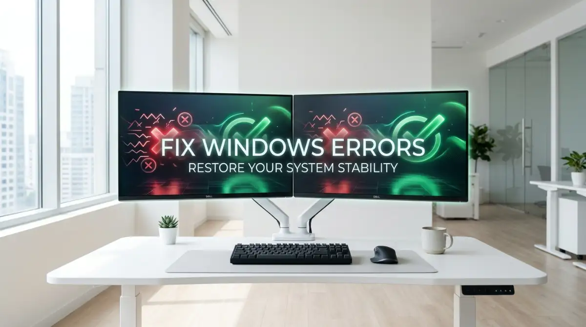 A focused professional fixing common runtime errors in Windows operating systems at a modern corporate desk.