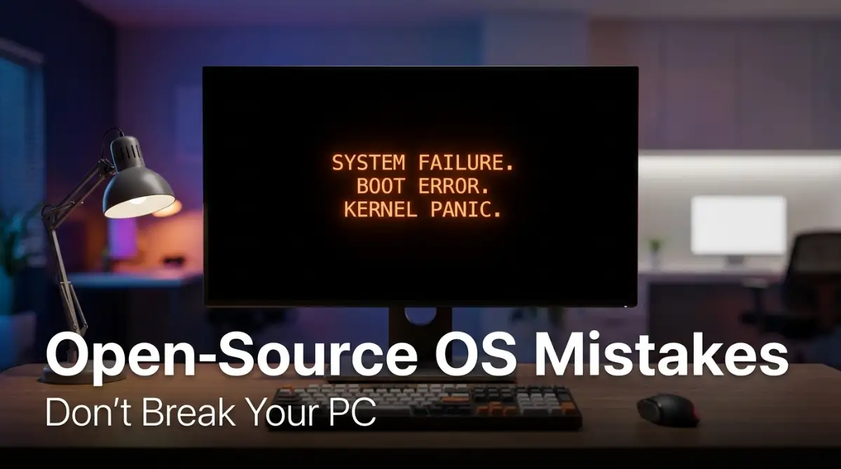A frustrated computer user staring at a black screen with error messages, highlighting the common mistakes to avoid when choosing an open-source operating system for everyday use.