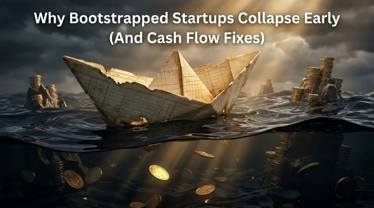 A focused young male entrepreneur sitting at a clean desk with a laptop, highlighting why bootstrapped startups fail in their first six months due to cash flow challenges.
