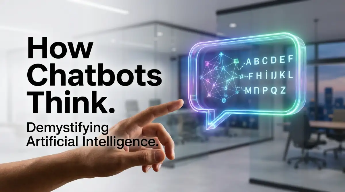 A professional holographic visualization demonstrating how natural language processing enables chatbots to read and understand human language.