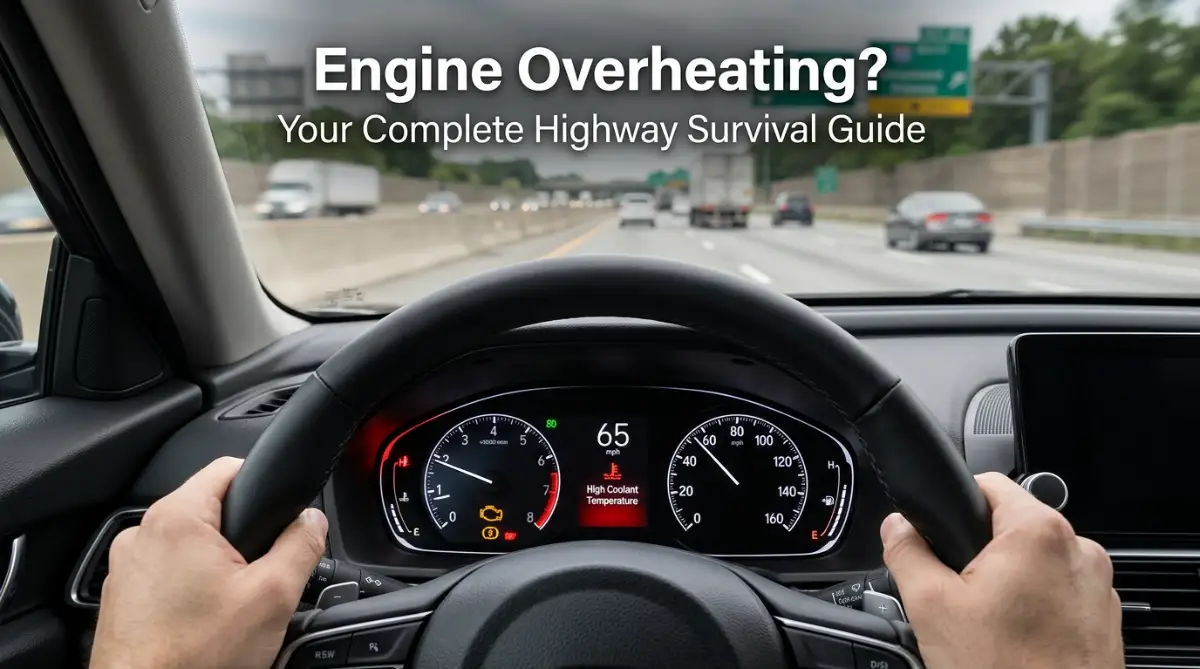A driver experiencing severe anxiety as the car dashboard engine temperature gauge enters the red warning zone on a fast highway.
