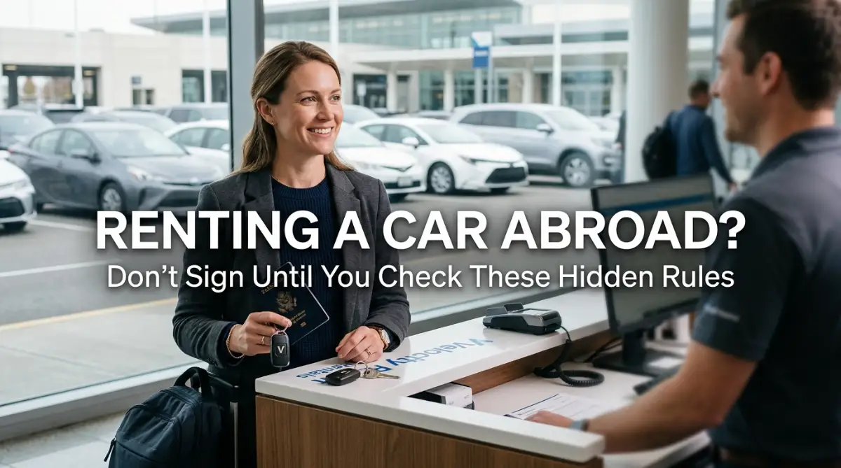 A confident traveler holding a passport and rental car keys at an airport desk, perfectly illustrating what to check before finalizing a rental car booking abroad.