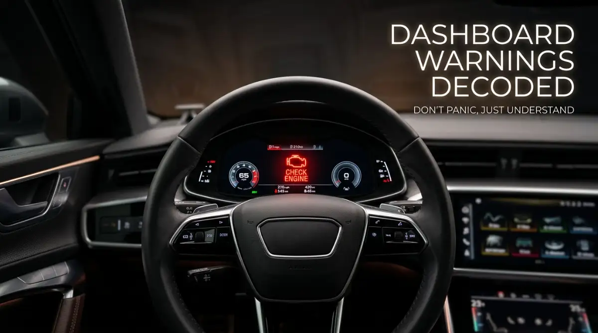 A frustrated driver gripping the steering wheel while looking at a glowing red warning light on a modern car dashboard, highlighting the importance of understanding vehicle alerts.