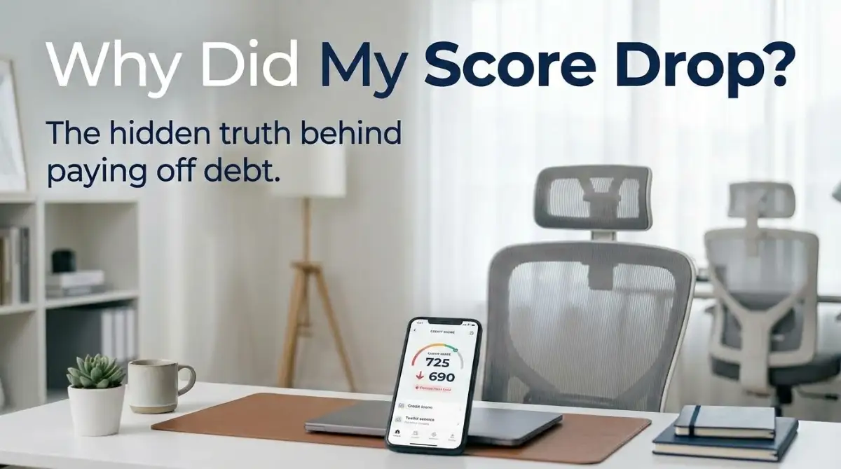 A shocked person looking at their smartphone showing a dropping credit score after paying off a personal loan.