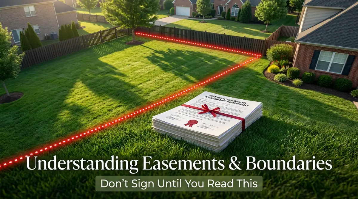 A confused homebuyer standing on a green lawn looking at a glowing boundary line while holding closing documents, illustrating the hidden complexities of property easements.
