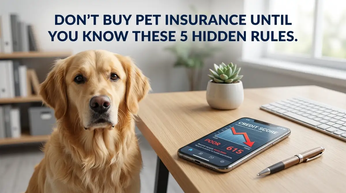 An anxious pet owner looking at a veterinary bill next to a dog, highlighting the hidden traps and pros and cons of pet insurance policies.