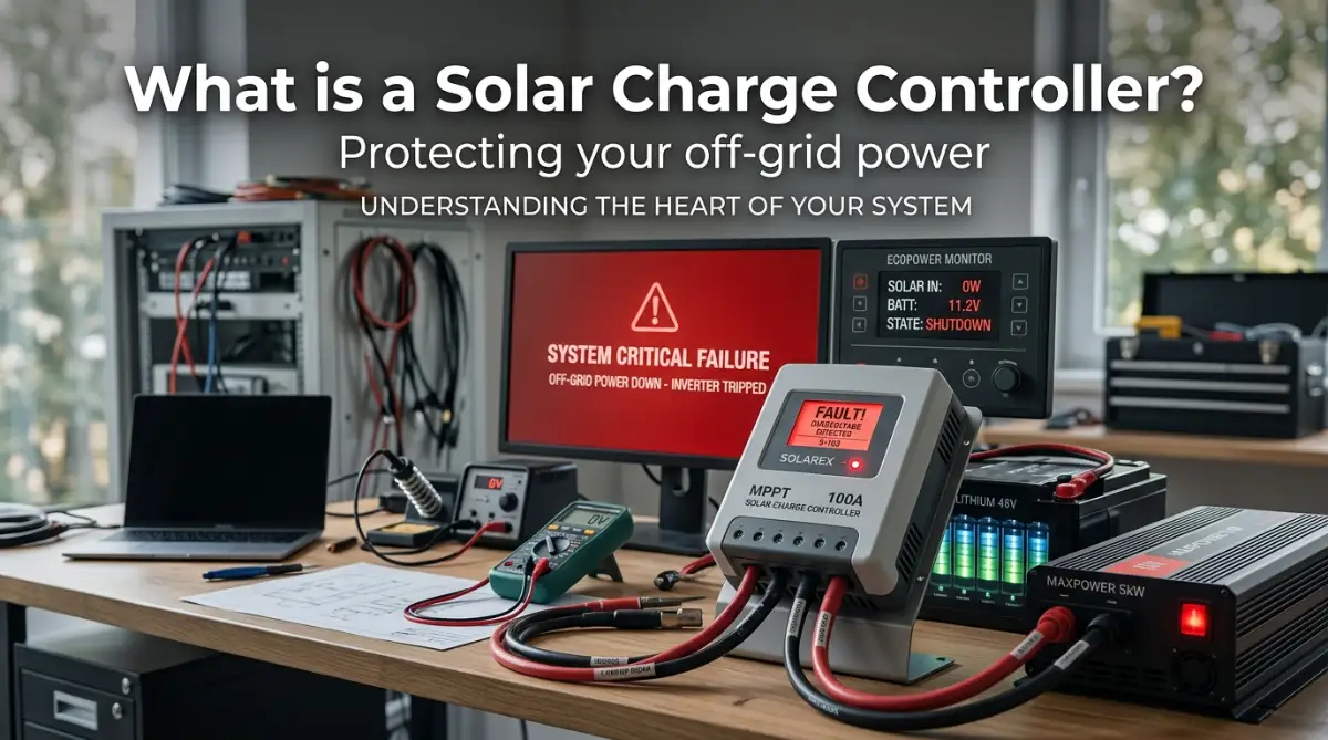 A modern solar charge controller device regulating power from solar panels to a home battery bank.