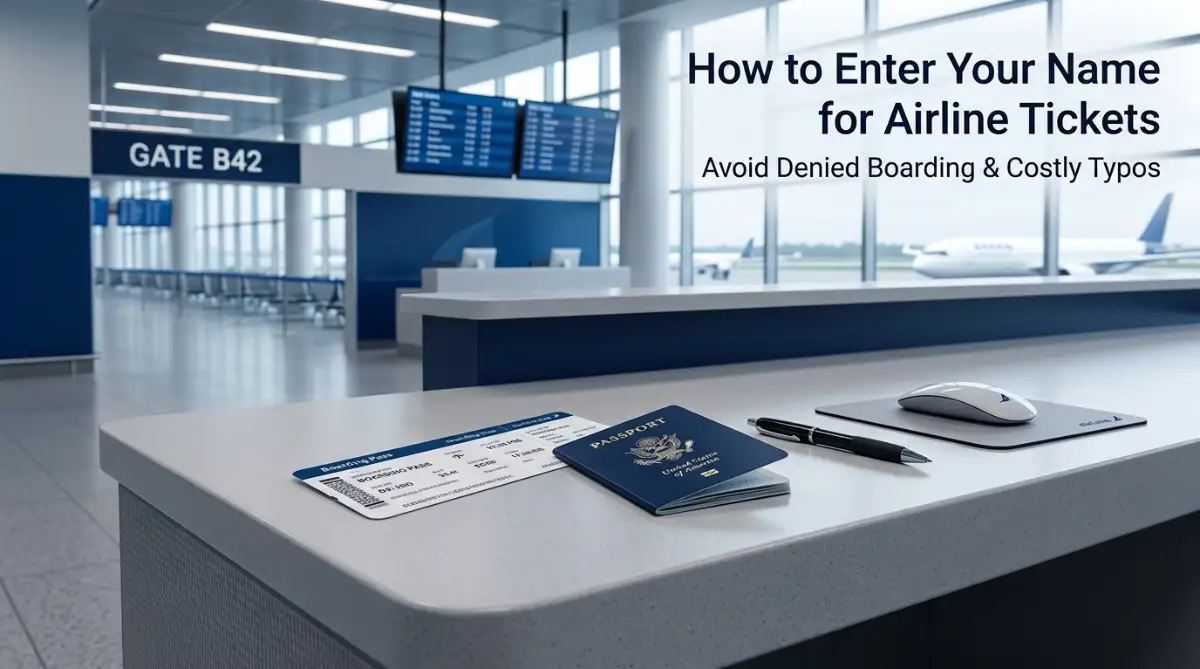 A frustrated traveler at the airport check in counter realizing their airline ticket name does not exactly match their passport identity.