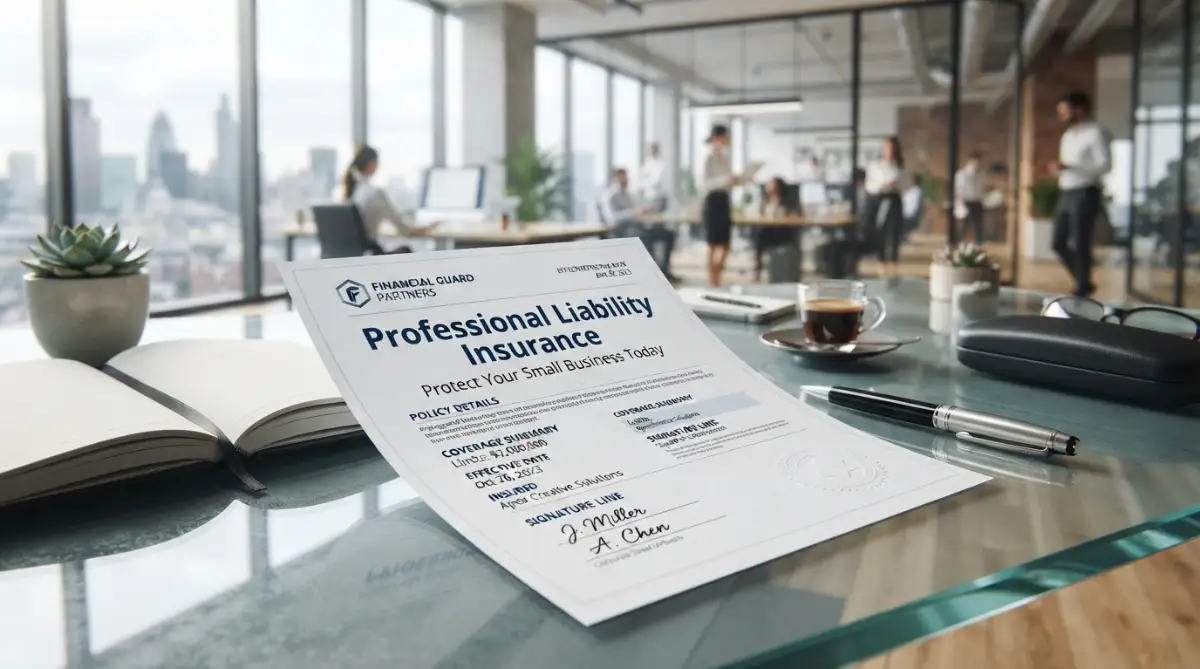 A small business owner reviewing a professional liability insurance policy in a modern office.