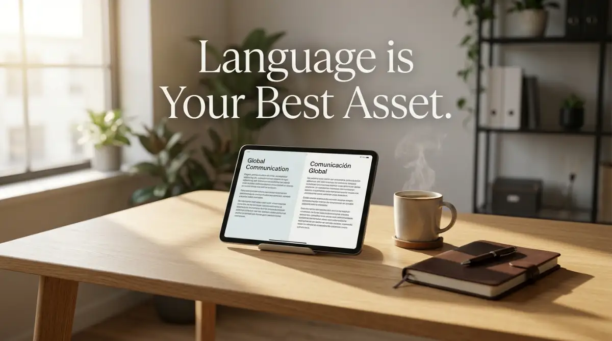 A professional freelancer sitting at a clean modern desk looking at a laptop and smiling as they make money translating documents online from home.