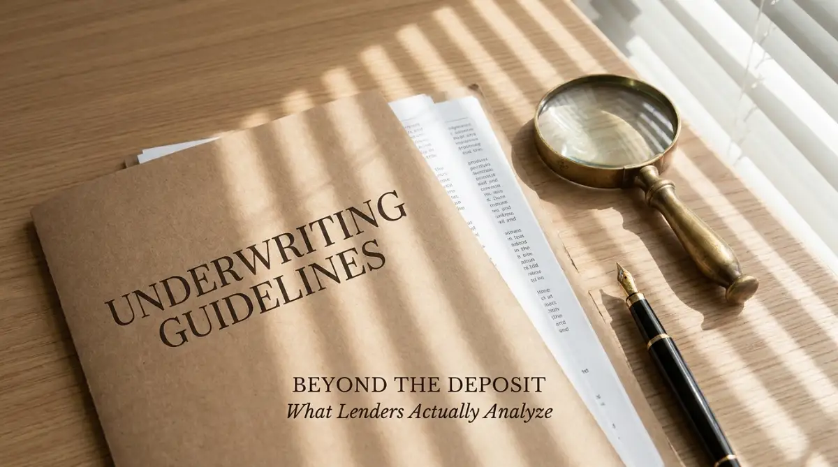 A professional visual metaphor showing a stack of cash casting a padlock shadow, representing the myth that a large down payment always guarantees loan approval.